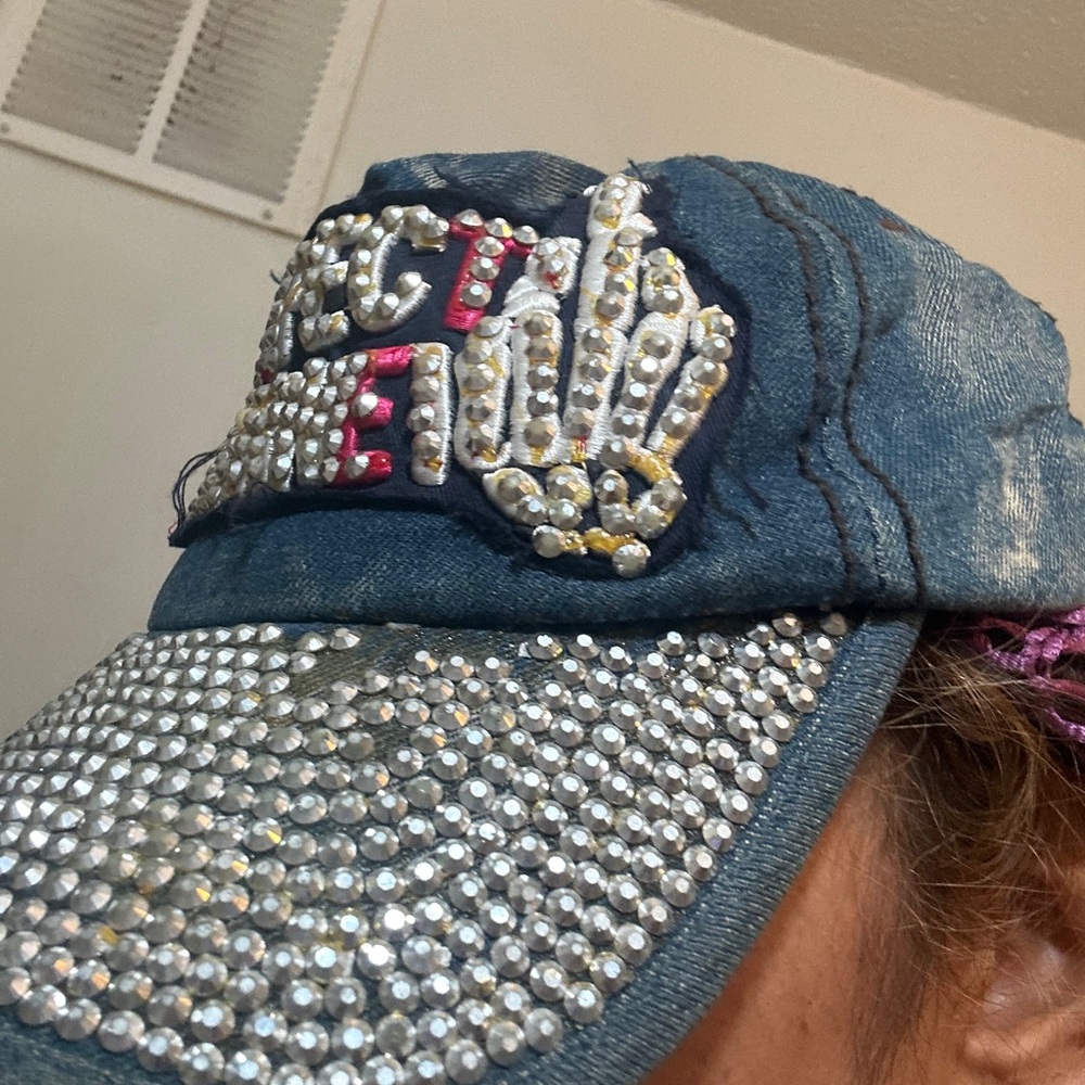 Embellished Denim Cap with Rhinestones